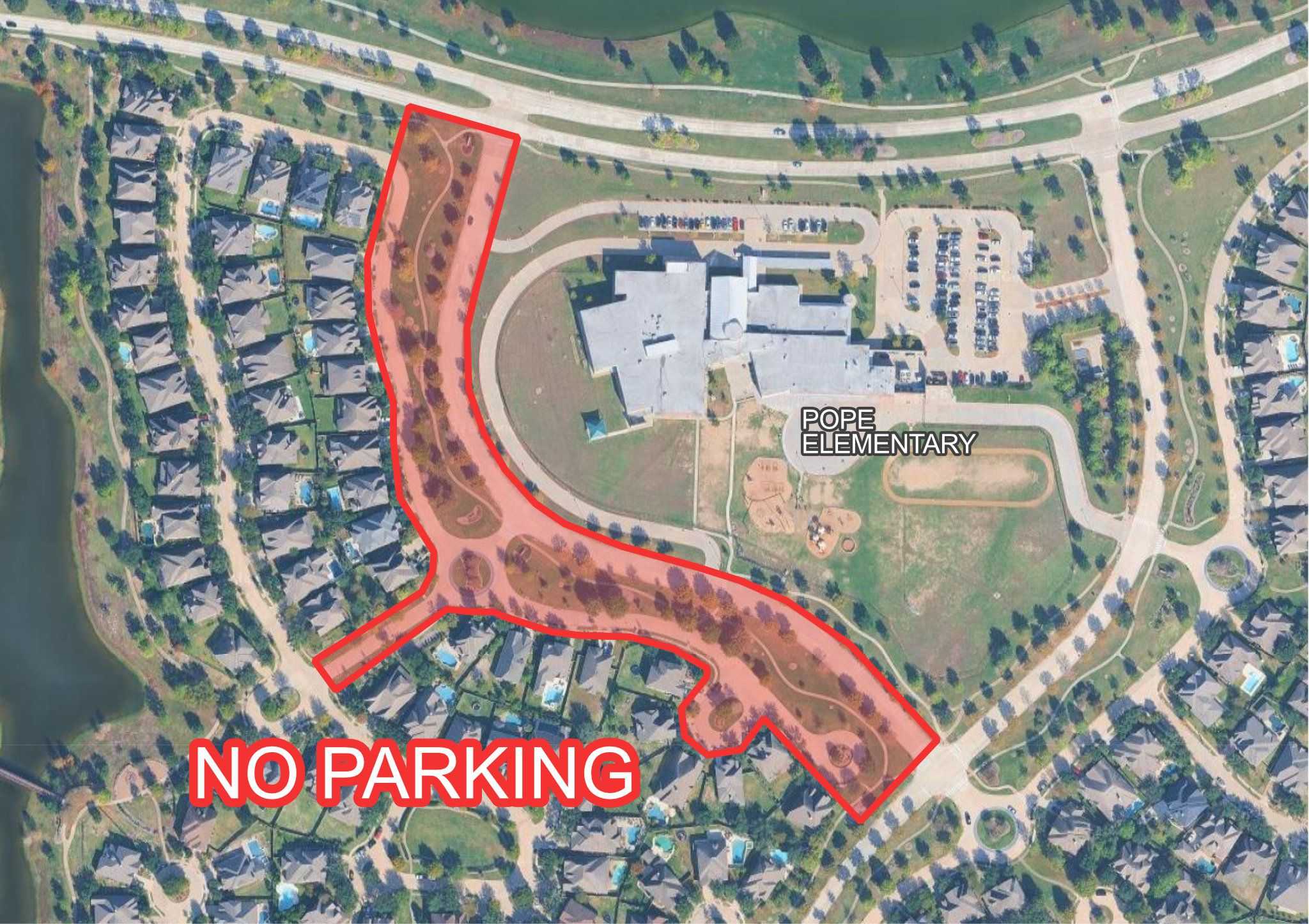 Aerial map near Pope Elementary highlighting designated no-parking areas in red along surrounding streets, with large “NO PARKING” text over a residential neighborhood and school campus.